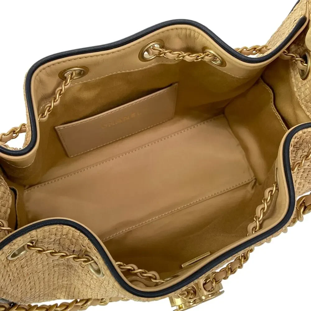 Chanel 25 Shoulder Bag Beige Black Raffia Leather